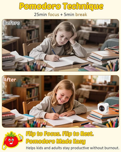 Pomodoro Timer Cube Visual Productivity Flip Timer for Kids Classroom Desk, 5/10/25/50min&Custom Countdown, Silent&Sound Mode Digital Cube for ADHD Study Work School Game Kitchen (White)