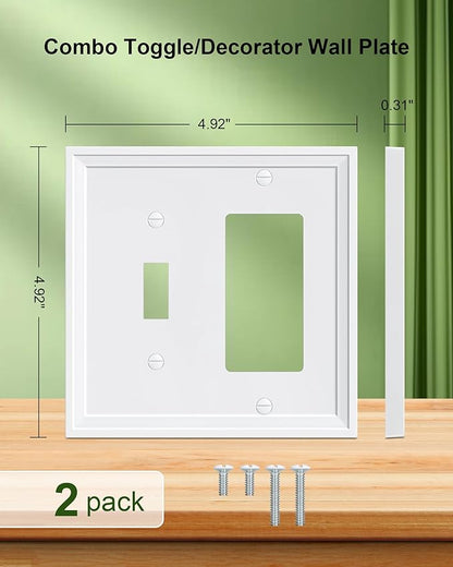 2-Pack Combo Toggle/Decorator Light Switch Cover Plate, White Decorative Electrical Outlet Covers, Bamboo Fiber Wall Switch Plates and Outlet Covers