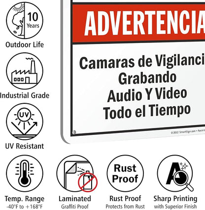 SmartSign 18 x 12 inch “Warning - Audio & Video Surveillance On Duty At All Times” Bilingual Sign, Digitally Printed, 55 mil HDPE Plastic, Red, Black and White, Made in USA