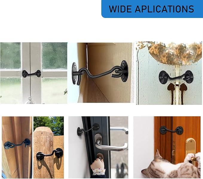 4 Pack 4" Hook and Eye Gate Latch, Stainless Steel Rust-Resistant Barn Door Lock Cabin Hooks for Gate Shutters Window Slide Barn Shed Cabinet Bathroom, with 16pcs Screw,Black