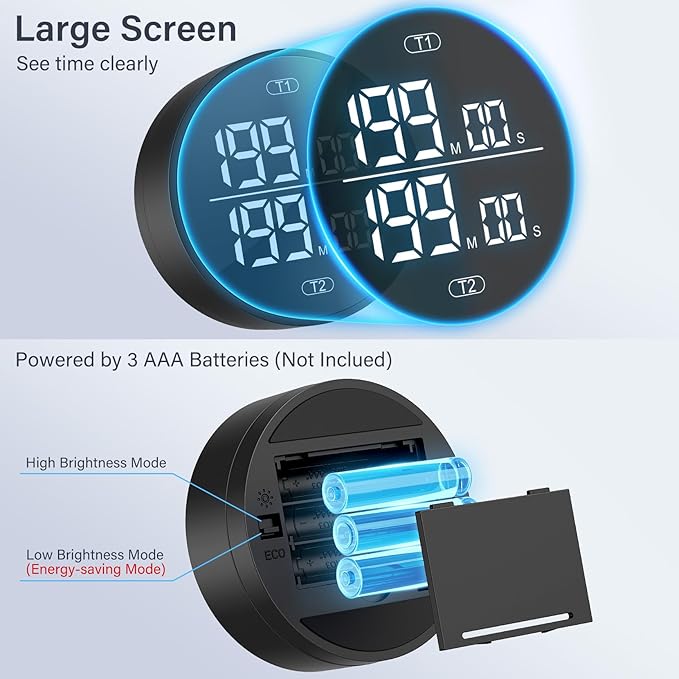 Dual Digital Kitchen Timer for Cooking, 199 Minutes Countdown & Stopwatch, Productivity Timer for Fridge, Big Digits, High-Definition Display, Rotary Adjustment, 3 Volumes, 2 Brightness Levels, Black