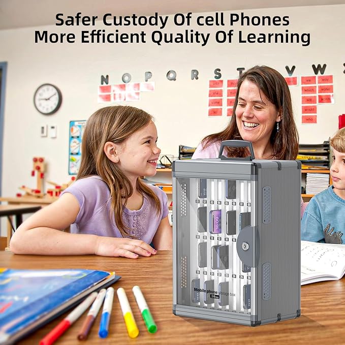 Glosen 36 Slots Cell Phone Locker, Portable Phone Storage Cabinet [Wall Mounted] [Aluminum Alloy] Cellphone Lock Box with Key & Handle for School Classroom Office Exam (Black)