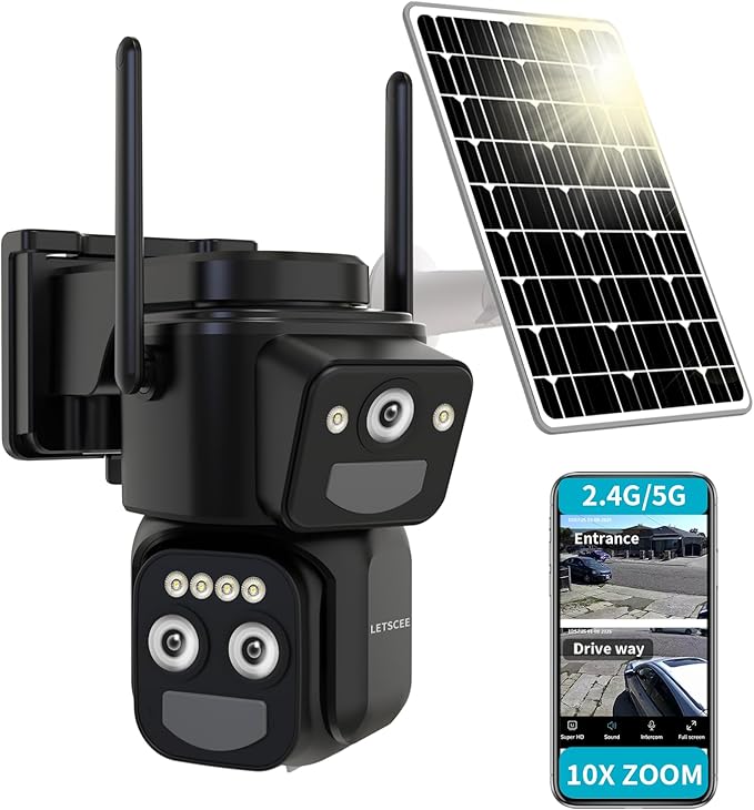 Security Cameras Wirelss Outdoor Solar Powered for Home Security, 360 View Outside Camera,Motion Detection,10x Hybrid Zoom PAN Tile,i IP-65 Weather Proof (3 Lens Hybrid Zoom)