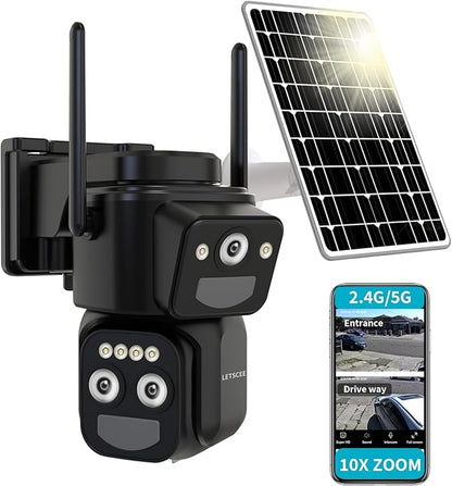 Security Cameras Wirelss Outdoor Solar Powered for Home Security, 360 View Outside Camera,Motion Detection,10x Hybrid Zoom PAN Tile,i IP-65 Weather Proof (3 Lens Hybrid Zoom)