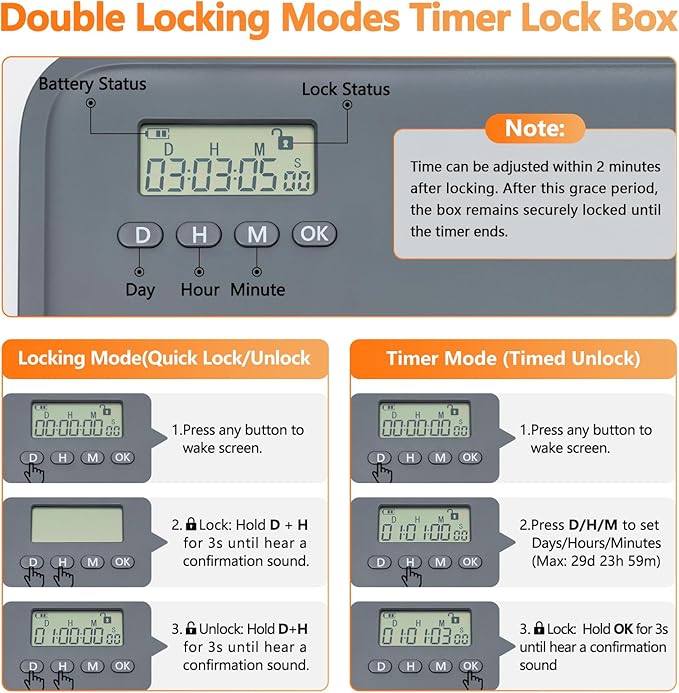 Timed Lock Box for Phone & Snacks | 2-in-1 Smart Lock with Digital Timer & Quick Access | BPA-Free Refrigerator Safe Container for Medicine,Electronics (5.5x5.5x6.3in) Gray