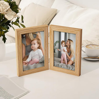 Axeman 4x6 Double Picture Frame - Solid Oak Wood Vertical Hinged 4x6 Photo Frame 2 Opening Folding Family Frames Collage With Real Glass for Tabletop Display, Hanging Hardware Included | Natural