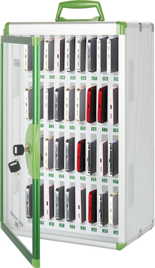 Glosen 36 Slots Cell Phone Locker, Portable Phone Storage Cabinet [Wall Mounted] [Aluminum Alloy] Cellphone Lock Box with Key & Handle for School Classroom Office Exam (Green)