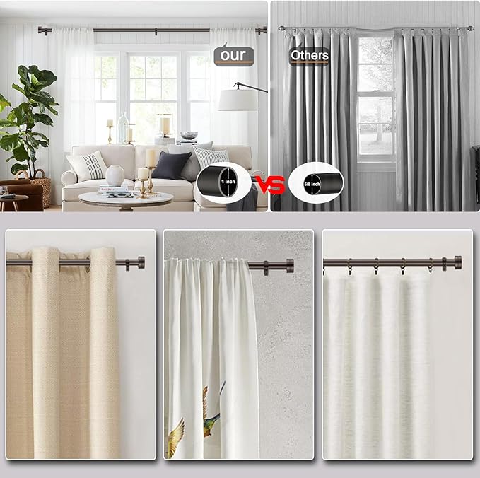 Adjustable Curtain Rods-18 to 144 Inches,1 Inch Modern Metal Drapery Rods, Adjustable Heavy Duty Curtain Pole with Simple End Caps