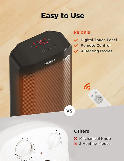 Pelonis 1500W Tower Space Heater for Indoor use in with Oscillation, Remote Control, Programmable Thermostat, Timer, Touch Screen, Tip-over Switch and Overheat Safety Protection, Black PTH21ERLBB