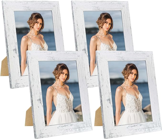 iRahmen 5x7 Picture Frame Set of 4, High Definition Glass Distressed White Frame, 5 x 7 Wood Photo Frames for Tabletop Display and Wall Mounting