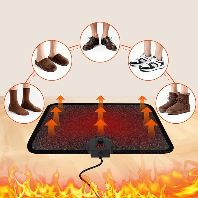 Heated Floor Mat Under Desk for Foot Warmer - Wider 110V Adjustable Temperature Electric Space Heaters Heating Pad - Carbon Crystal & Energy Saving Feet Warmers for Office,Home (Black Gray)