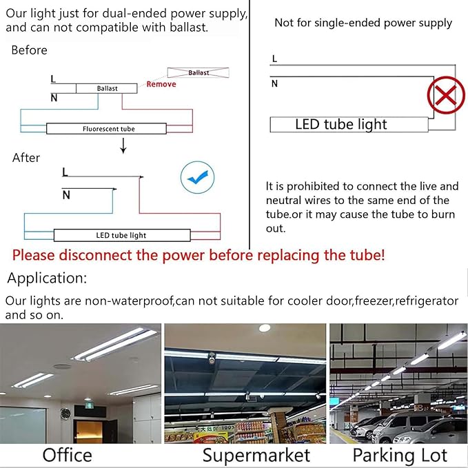 T8 2 Foot LED Tube Lights,20W 2000lm,G13 Bi-pin Base,24 inches End to End,F17T8 F18T8 Fluorescent Tubes Replacement,White 6500K 2ft LED Bulbs,Ballast Bypass,Dual-Powered for Cabinet,Pack of 10
