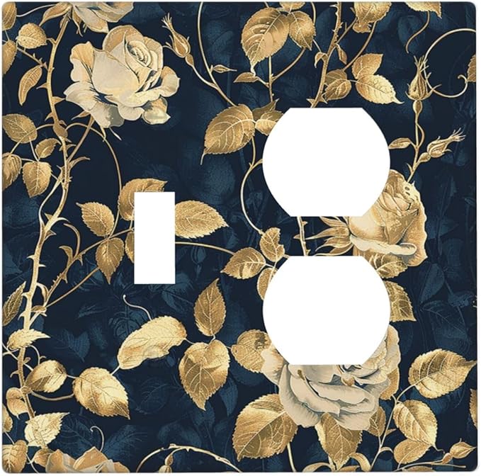 Wallplates Boho Vintage Floral Golden Flower Dark Blue Background 1 Toggle 1 Duplex Switch Plate Electrical GFCI Faceplate Decorative Light Switch Covers for Bedroom living Room Decor