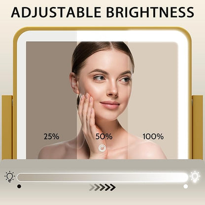 ROLOVE Gold Lighted Makeup Mirror, 14"x12" Vanity Mirror with Smart Touch Control, 3-Color Dimmable Lighting, 360° Rotation for Desk or Bedroom