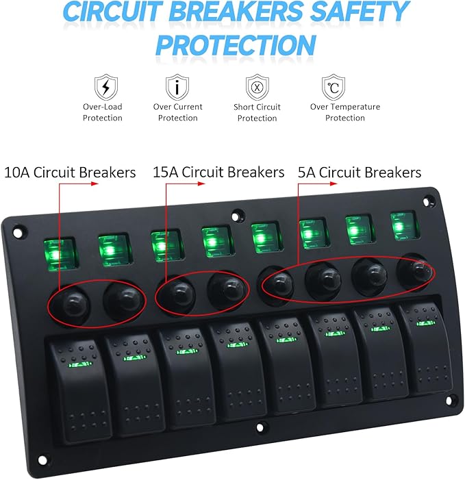 Geloo 8 Gang Marine Rocker Switch Panel, Boat Switch Panel Waterproof, Marine Switches Panel, 12V Aluminum Switch Panel for Car RV Truck Green LED Toggle Switches with Circuit Breaker (Green)