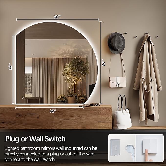 Niccy Half Moon LED Mirror for Bathroom, 28" Backlit + Front Lit Lighted Semi Round Makeup Mirrors for Wall, Anti-Fog, Dimmable 3-Colors, Memory Function, Shatterproof Smart Vanity Mirror
