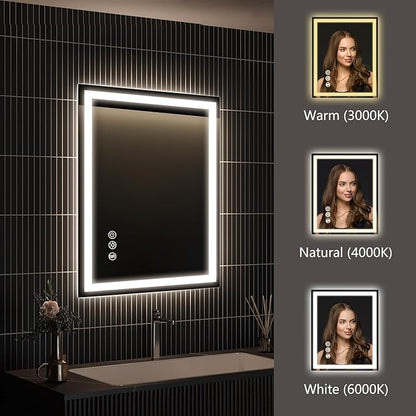 APRILSOUL 20x28 Inch LED Bathroom Mirror with Front and Backlit, Makeup Mirror with 3 Color Lights, Memory Function, Anti-Fog and Dimmable Light (Horizontal/Vertical)