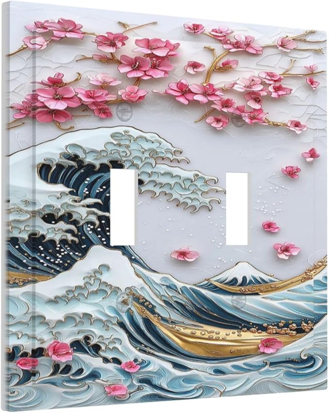 Decorative Switch Plates The Great Wave Off Kanagawa With Sakura 2 Gang Double Toggle Outlet Light Switch Cover Wall Plate Electrical Faceplate for Bedroom Bathroom Decor