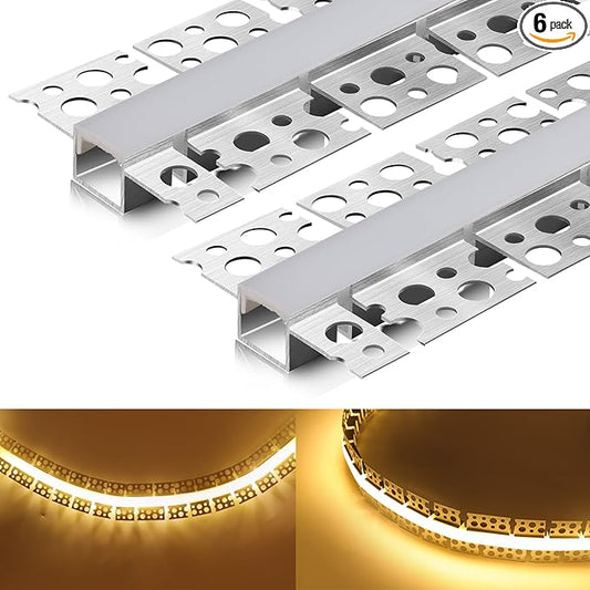 6 Pack Led Diffuser Channel with Milky White Silicone Cover 6.6FT/2M Plaster-in Aluminum Drywall U Shaped Trimless Recessed Track for Strip Light, Flexible Led Profile 45 Degree Bendable