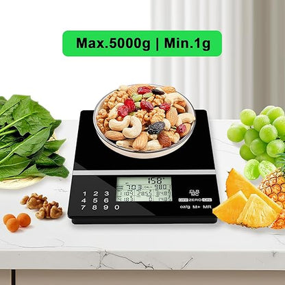 5000g Smart Nutrition Scale, Kitchen Scale with Food Code, Food Scale for Meal Prep, Portion Control, Baking, Weight Loss, 4 Units, Tare Function, Batteries Included