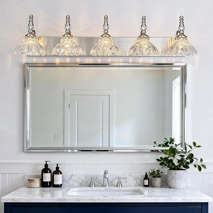 Vintage Bathroom Vanity Light, 5-Light Brushed Nickel Vanity Lighting Fixture with Flower Glass Shade, Bathroom Lighting Fixtures Over Mirror