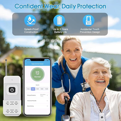 WiFi Smart Wireless Caregiver Pager Call Button System for Elderly Fall Monitoring with App Alerts & 110dB Loud Receiver, Anti-Mistouch Design (2 Panic Buttons + 1 Receiver)