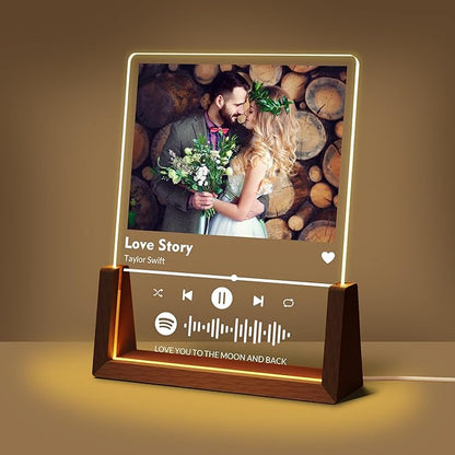 Personalized Couple Gifts For Boyfriend Girlfriend Him Her Husband Wife, Custom Acrylic Spotify Plaque With Photo Name, Customized Light Up Picture Frame For Anniversary Birthday Christmas Gifts