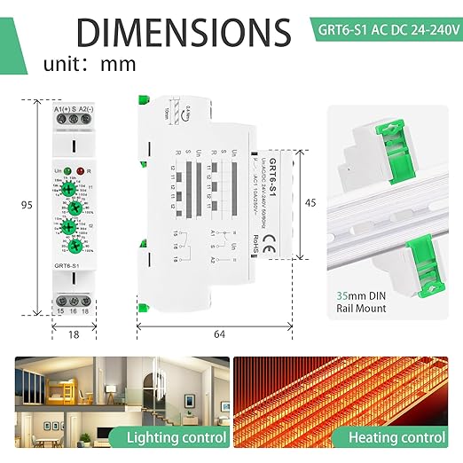 Asymmetric Cycle Timer Relay 1SPDT AC 24V 240V 10A Long or Short Period Repeat Cycle Tntermittent Timer Electronic Relay in Din Rail (GRT6-S1 AC DC 24-240V)