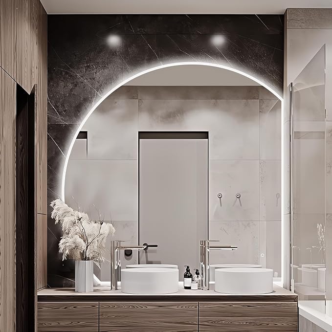 Niccy Half Moon LED Mirror for Bathroom, 28" Backlit + Front Lit Lighted Semi Round Makeup Mirrors for Wall, Anti-Fog, Dimmable 3-Colors, Memory Function, Shatterproof Smart Vanity Mirror