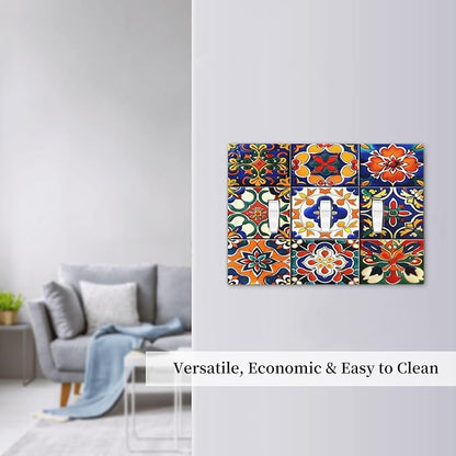 Decorative Switch Plates Colorful Mexican Talavera Vintage Boho Floral 3 Gang Wall Plate Triple Toggle Light Switch Cover Faceplate Electrical Wall Panels For Farmhouse Cabin Decor