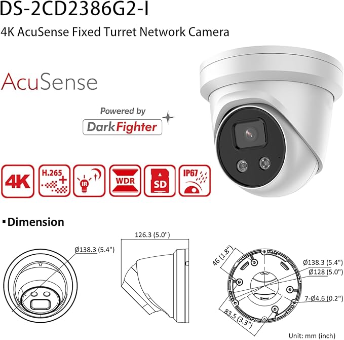DS-2CD2386G2-I 4K 8MP AcuSense PoE Turret IP Camera, DarkFighter, IP67 Water and Dust Resistant, H.265+, 2.8mm Lens, Oringinal International Version