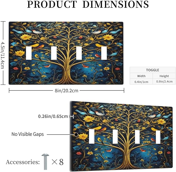 Gold Tree With Birds Flowers on Branches Light Switch Covers Quad Toggle 4 Gang Wall Plate Decorative Switchplate Electrical Faceplate for Farmhouse Bathroom Living Decor