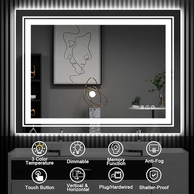 LED Bathroom Mirror, 48"X36" with Front and Backlit, Anti-Fog, Large Bathroom Vanity Mirror for Wall, Memory Function, Stepless Dimmable, Tempered Glass (Horizontal/Vertical)