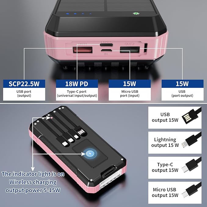 Solar Charger Power Bank 49800mAh, Portable Phone Wireless Charging Built-in 4 Cables 22.5W Fast Charging,Type-C Input/Output Port Solar Panel Charger with Flashlights&Compass for Camping（Pink