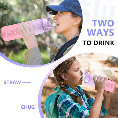Stainless Steel Insulated Water Bottle 32oz with Handle, 1L Double Wall Insulated Bottle with Time Marker BPA Free, 1000ml Metal Water Flask for Outdoor Working School PURPLE PINK