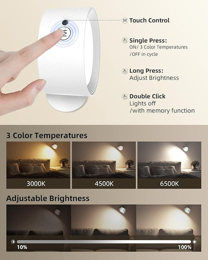 LED Wall Mounted Lights, Rechargeable Wall Sconces with Remote & Touch Control, 3 Color Temperatures 360° Rotation Dimmable Cordless Wall Light for Bedroom Study Reading Bedside (White, 3 Pack)