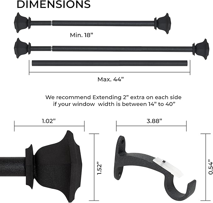 Deco Window Adjustable Curtain Rod for Windows 18 to 44 Inch (Pack of 1) Extendable Heavy Duty 1 Inch Iron Drapery Pole with Finials Wall Mounted French Door Curtain Rods (Black)