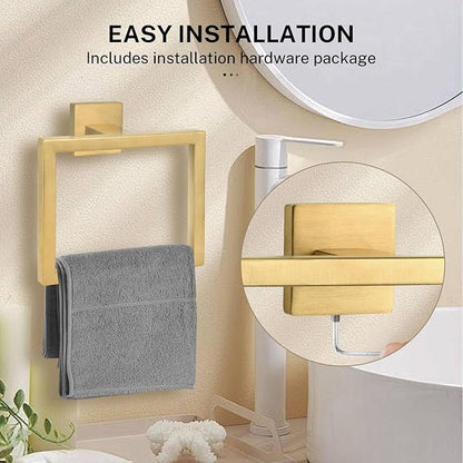 Brushed Gold Towel Ring,Square Hand Towel Holder,Towel Hanger, Bathroom Hardware Accessories,Stainless Steel Wall-Mounted Towel Rack
