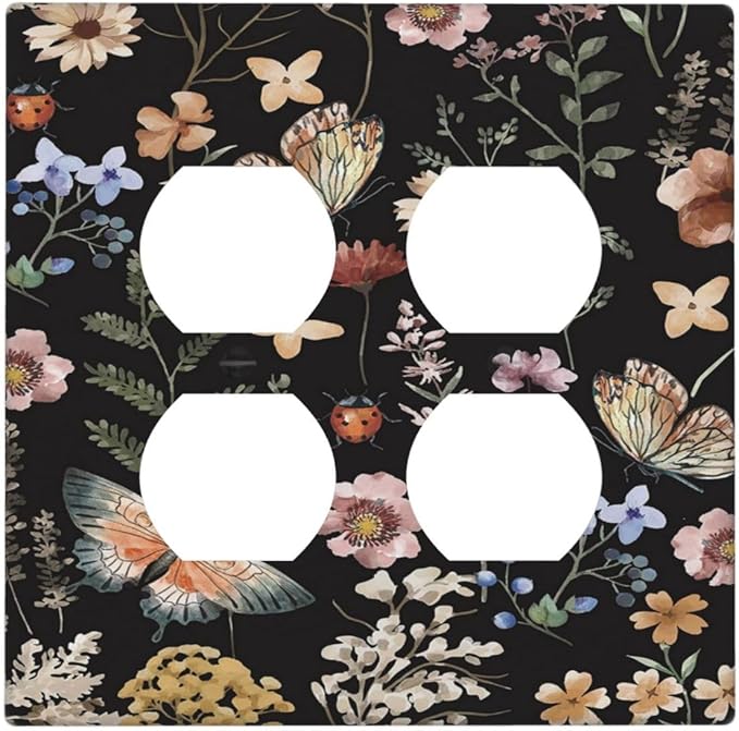 Decorative Outlet Covers Rustic Black Butterfly Flowers Leaves 2 Gang Wall Plate Cover Double Duplex Receptacle Two Switch Light Switch Cover Plate Jumbo Dual Faceplate for Home Decor