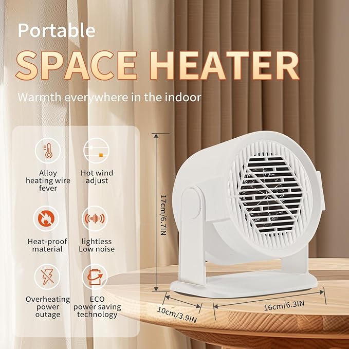 Mini Space Heater, 120° Adjustable Tilt, Fast Heating 400W/600W Energy Efficient for Indoor Use,Overheating Protection,Fast Heating,Small Desk Heater for Bathroom Home Office Bedroom