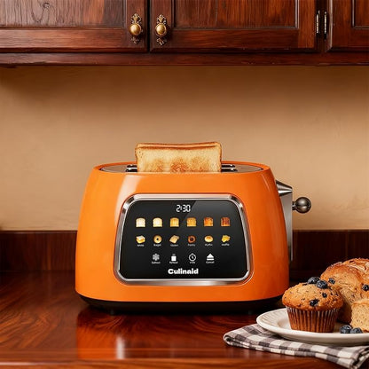 Toaster 2 Slice Smart Touch Screen, Retro 1.5'' Extra Wide Slot Stainless Steel Digital Bread Toaster with Memory Function, Bagel, Defrost, 6 Browning Level and Removable Crumb Tray, Orange