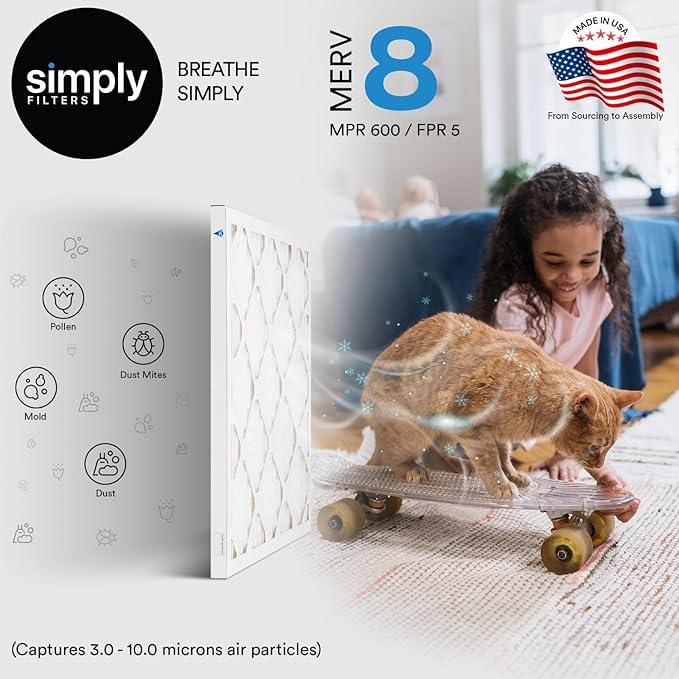 Simply 12x24x1 Air Filter, MERV 8, 6 Pack, For Home AC Furnace & HVAC (Actual Size: 11.75"x23.75"x0.75") DUST, Pet, & Allergy Control