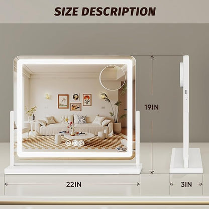 Vanity Mirror with Lights, 22"x19" Hollywood Lighted Makeup Mirror for Tabletop & Bedroom 3 Color Lighting Modes Smart Touch Control 360° Rotation Detachable