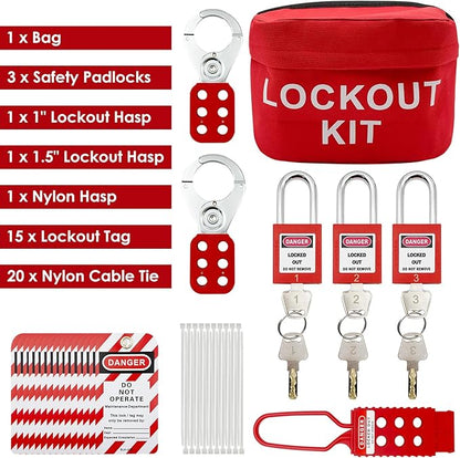 JOJOMARK Lockout Tagout Kit Electrical Loto - Group Lockout Hasps, Lockout Tags, Safety Padlocks with Number, Nylon Ties with Pocket Bag (Red Bag kit)