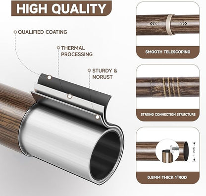 BRIOFOX Walnut Wood Curtain Rods for Windows 28 to 48 Inch(2.3-4ft)- 1'' Diameter Heavy Duty Curtain Rods with Imitation Wood Grain Pattern Finials,Adjustable Decorative Curtain Rods Set,28-48''