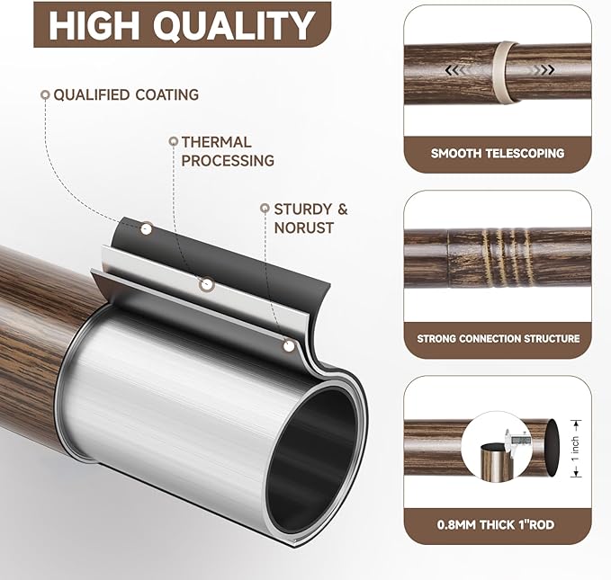 BRIOFOX Walnut Wood Curtain Rods for Windows 48 to 84 Inch(4-7.33ft) - 1'' Diameter Heavy Duty Curtain Rods with Imitation Wood Grain Pattern Finials,Adjustable Decorative Curtain Rods Set,28-88''