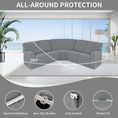 Easy-Going 100% Waterproof Recliner Cover, Stretch Couch Covers for Reclining Couches, Extra Large Sectional Sofa Slipcover, L-Shape Furniture Protector for Kids & Pets, 5 Seater, Light Gray