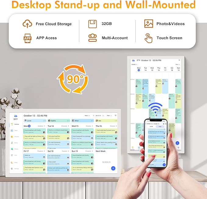 Smart Calendar Digital Frame Chore-Chart-for-Planner - 24 Inch Electronic Calendar for Family Schedules, Touchcreen Interactive Display, Auto-Sync Google/iCloud/Outlook Calendars, Selectable Reminders