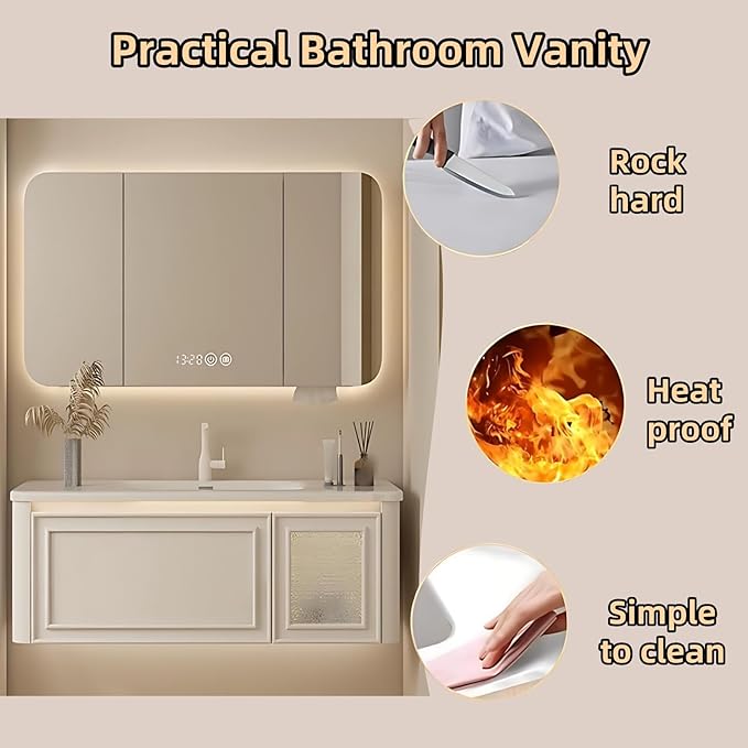 56IN Wall Mounted Bathroom Vanity Set - Wood Bathroom Vanities has Tissue Hole Design | Includes Smart Defogging Mirror Cabinet & Time Display, Rounded Corners, Glass Cabinet Doors (Style C)