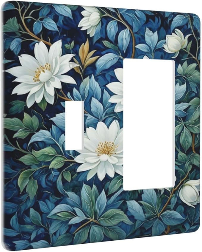 White Flowers Green Leaves Light Switch Covers 2 Gang Single Toggle Rocker Combination Wall Plate Cover Electrical Faceplate Decorative Switchplate for Farmhouse Living Decor